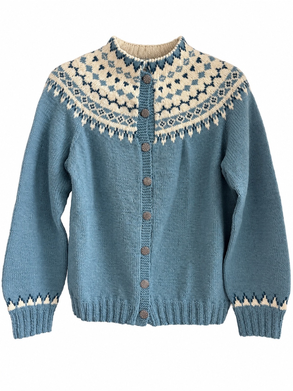 Vintage Valhalla Norway Fair Isle Wool Cardigan Sweater Blue Hand Knit